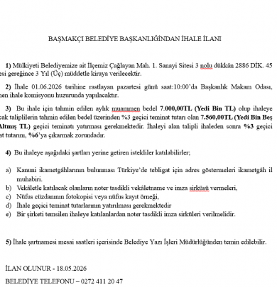 İlçemiz Çağlayan Mahallesi 1. Sanayi Sitesi 3, 4, 8, 9 ve 10 nolu ve 2. Sanayi Sitesi 1, 3, 4, 5, 6, 8, 10, 11, 12, 13 ve 14 nolu dükkânların İhalesi Hk.