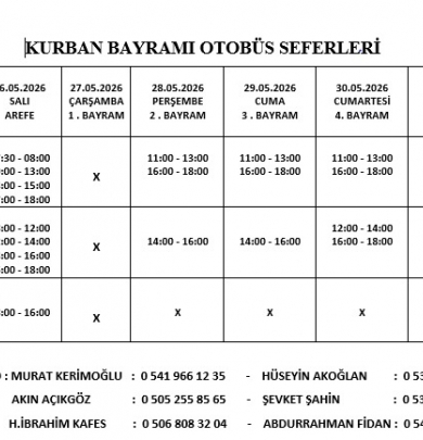 KURBAN BAYRAMI OTOBÜS SAATLERİ