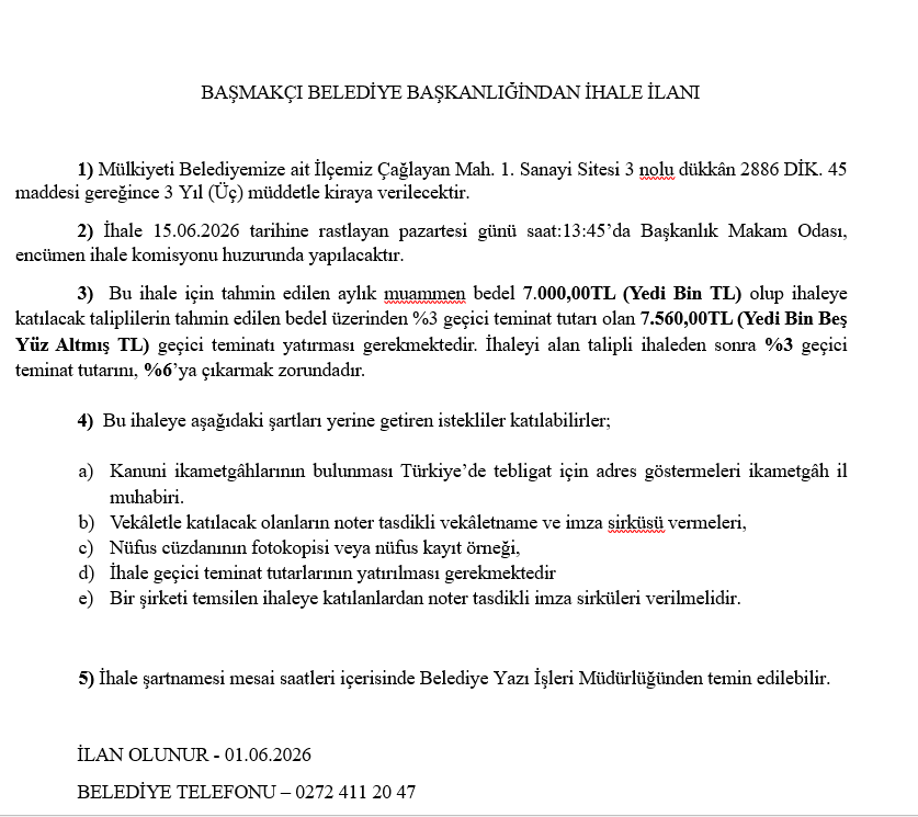 İHALE İLANI HK.