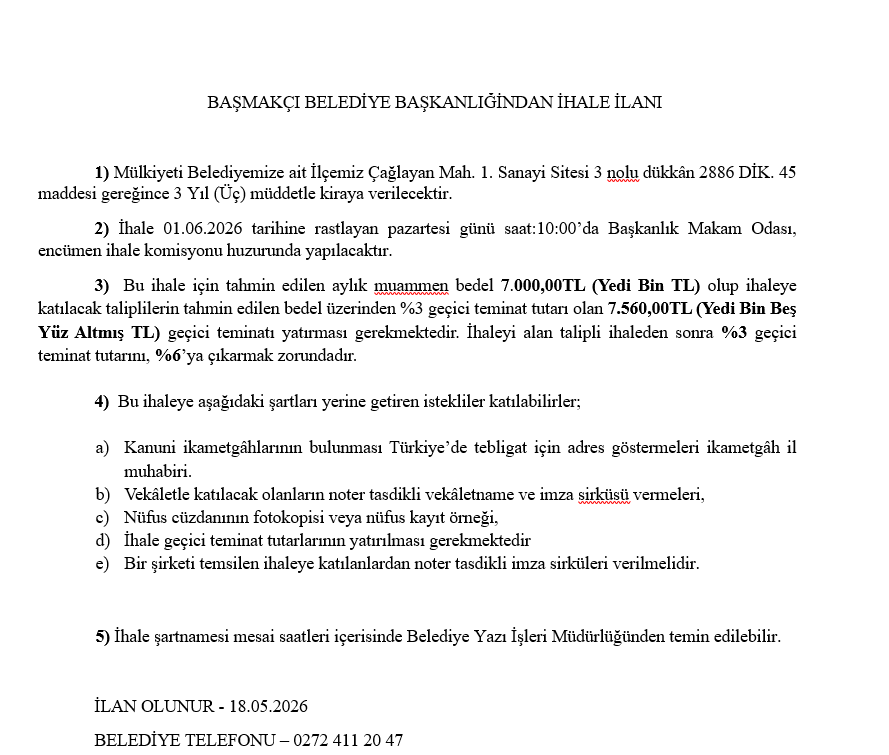 İlçemiz Çağlayan Mahallesi 1. Sanayi Sitesi 3, 4, 8, 9 ve 10 nolu ve 2. Sanayi Sitesi 1, 3, 4, 5, 6, 8, 10, 11, 12, 13 ve 14 nolu dükkânların İhalesi Hk.