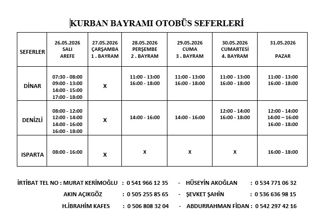 KURBAN BAYRAMI OTOBÜS SAATLERİ
