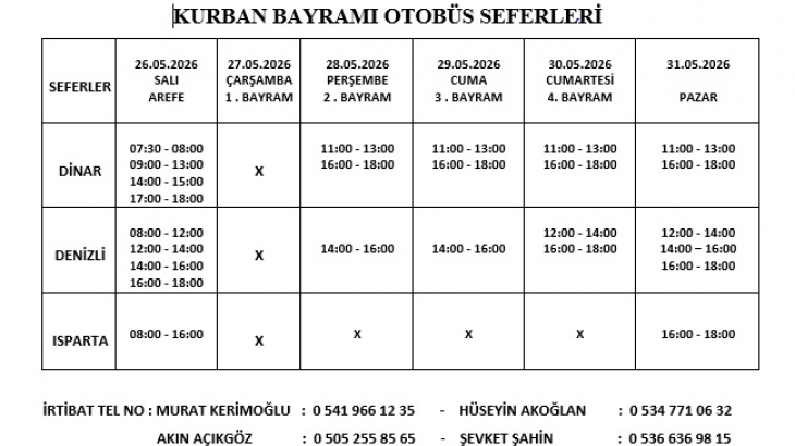 KURBAN BAYRAMI OTOBÜS SAATLERİ